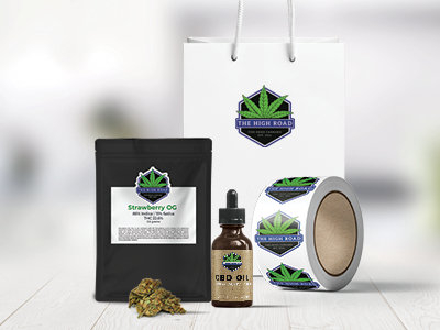 Custom cannabis packaging labels on cannabis bags and jars