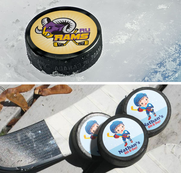 custom labels, custom stickers, hockey stickers, puck labels, puck stickers, hockey puck stickers