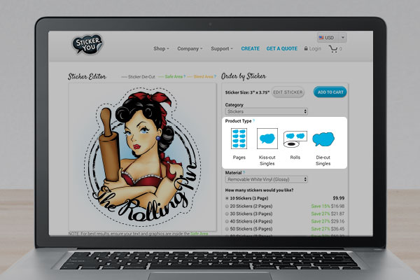 An example of different sticker product types that have different prices.