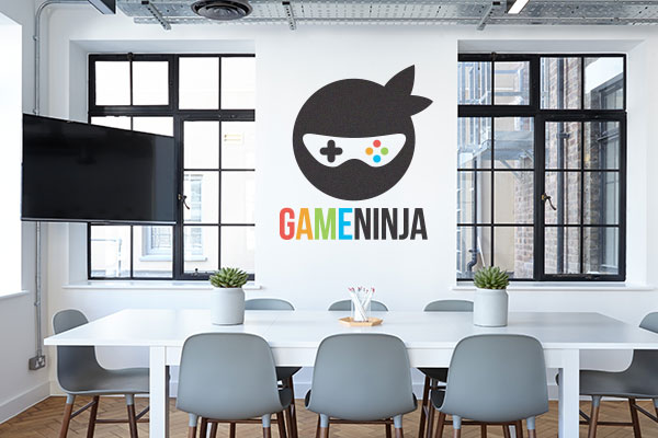 Video game company logo wall decal on a board room wall