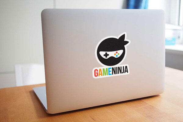 Video game company logo sticker on a laptop