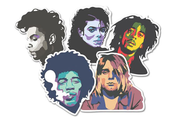 Prince, Marley, Cobain, Hendrix, Michael Jackson die-cut custom stickers