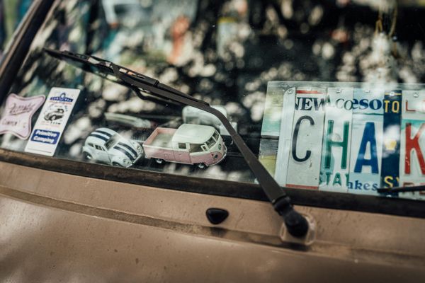 Stickers placed on a car window.