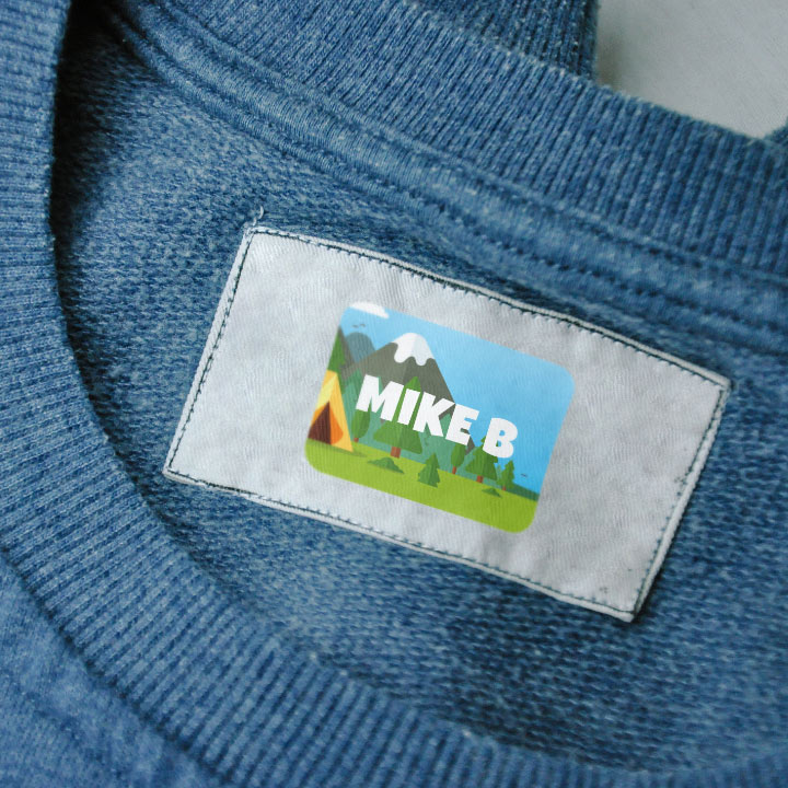 Permanent name tag sticker on a clothing tag label