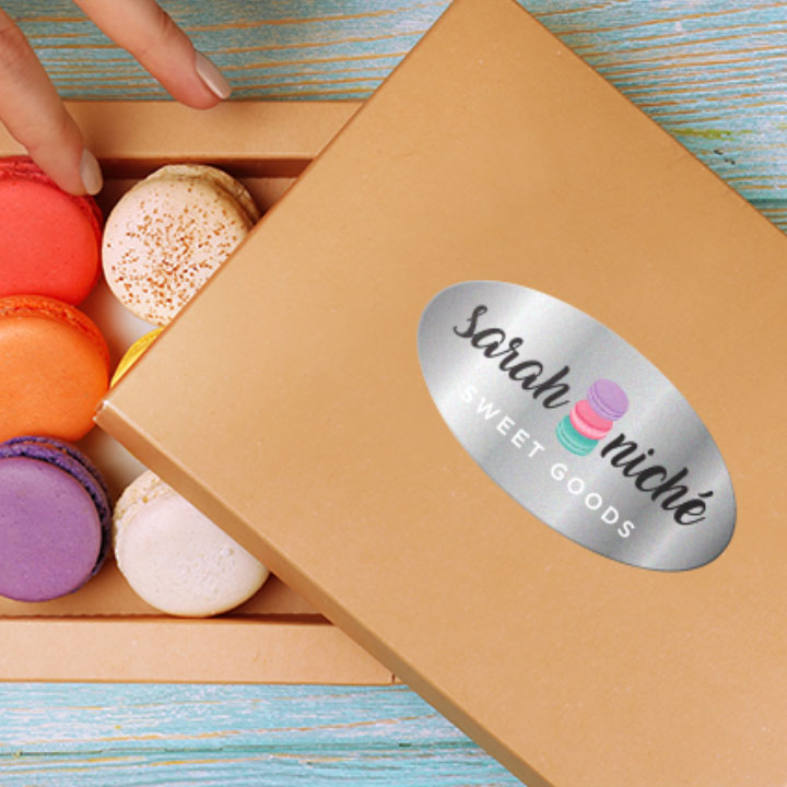 Silver Foil Label on a macaroon box